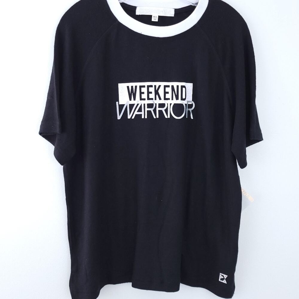 New Peaceful Warrior Sarah Raglan "Weekend Warrior" Tee Medium/Large Black White